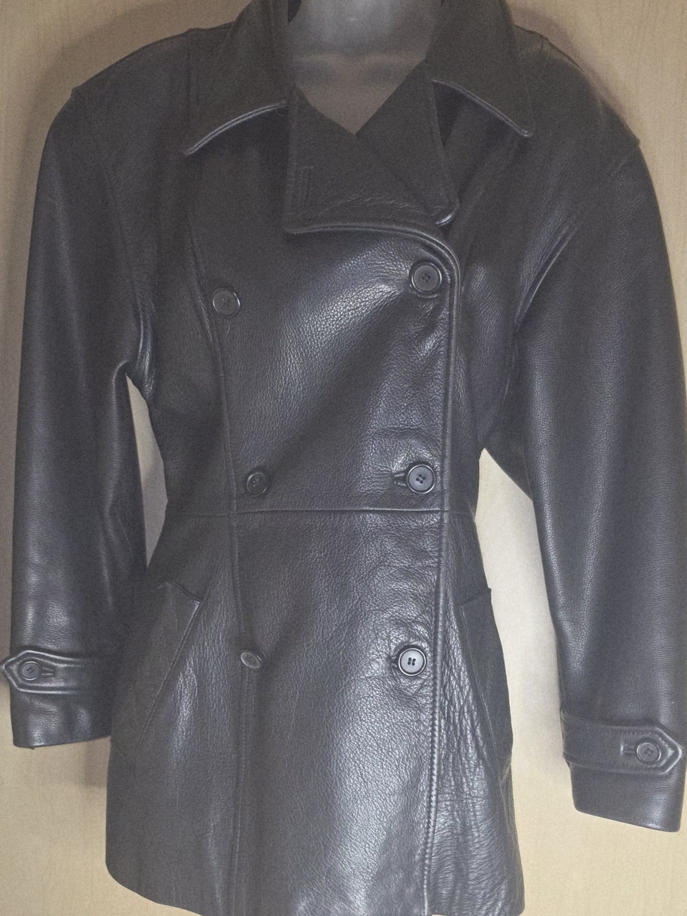 Vintage Black Leather Double-Breasted Women’s Coat